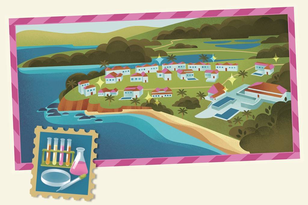 SI_490_Ilhas_da_fantasia_3 Ilustração de um vilarejo costeiro com casas brancas e telhados vermelhos, palmeiras e uma praia de areia clara. Ao fundo, montanhas verdes e um lago. No canto inferior esquerdo, um selo postal com tubos de ensaio, um erlenmeyer com líquido rosa, uma placa de Petri e uma pipeta.