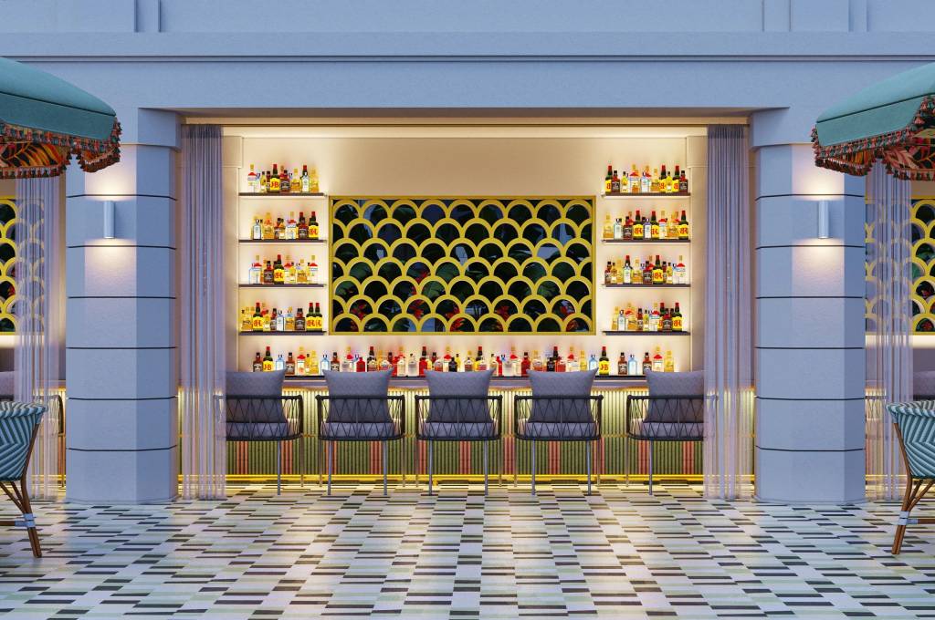 Um bar luxuoso com balcão iluminado, prateleiras cheias de garrafas de bebidas e seis banquetas cinzas. O fundo tem um painel dourado com padrão de escamas. O chão é de azulejos geométricos em tons de verde, cinza e branco. Guarda-sóis verdes com franjas coloridas aparecem nas laterais