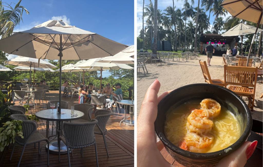 Duas cenas: à esquerda, um restaurante ao ar livre com mesas e guarda-sóis em um deck de madeira, pessoas almoçando sob o sol. À direita, uma mão segura um pote de caldo de camarão com queijo, com um cenário de praia, coqueiros e um palco ao fundo