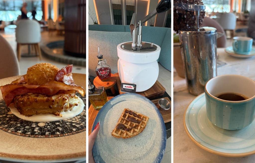 Três fotos de café da manhã em um restaurante. À esquerda, torradas com bacon e ovo frito. No centro, uma mão segura um waffle com Nutella, ao lado de uma máquina de Nutella e xarope de bordo. À direita, uma xícara de café expresso e uma prensa francesa
