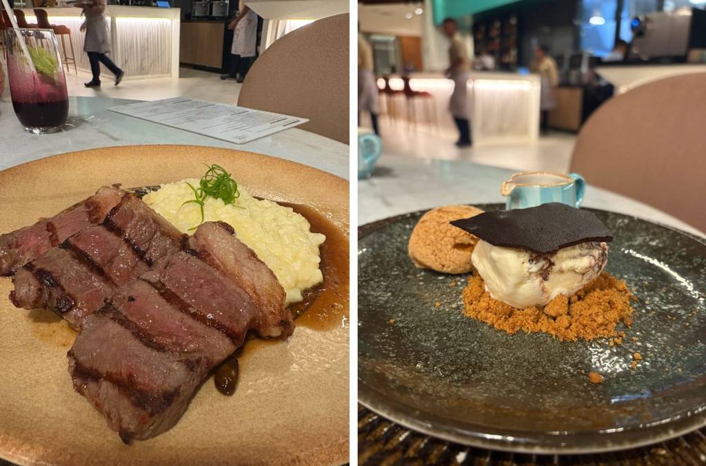 Duas fotos lado a lado de pratos de restaurante. À esquerda, bife grelhado fatiado com molho e risoto cremoso, decorado com cebolinha. À direita, sobremesa com sorvete, biscoito esfarelado, um biscoito redondo e uma fina placa de chocolate escuro, com um pequeno bule azul ao fundo