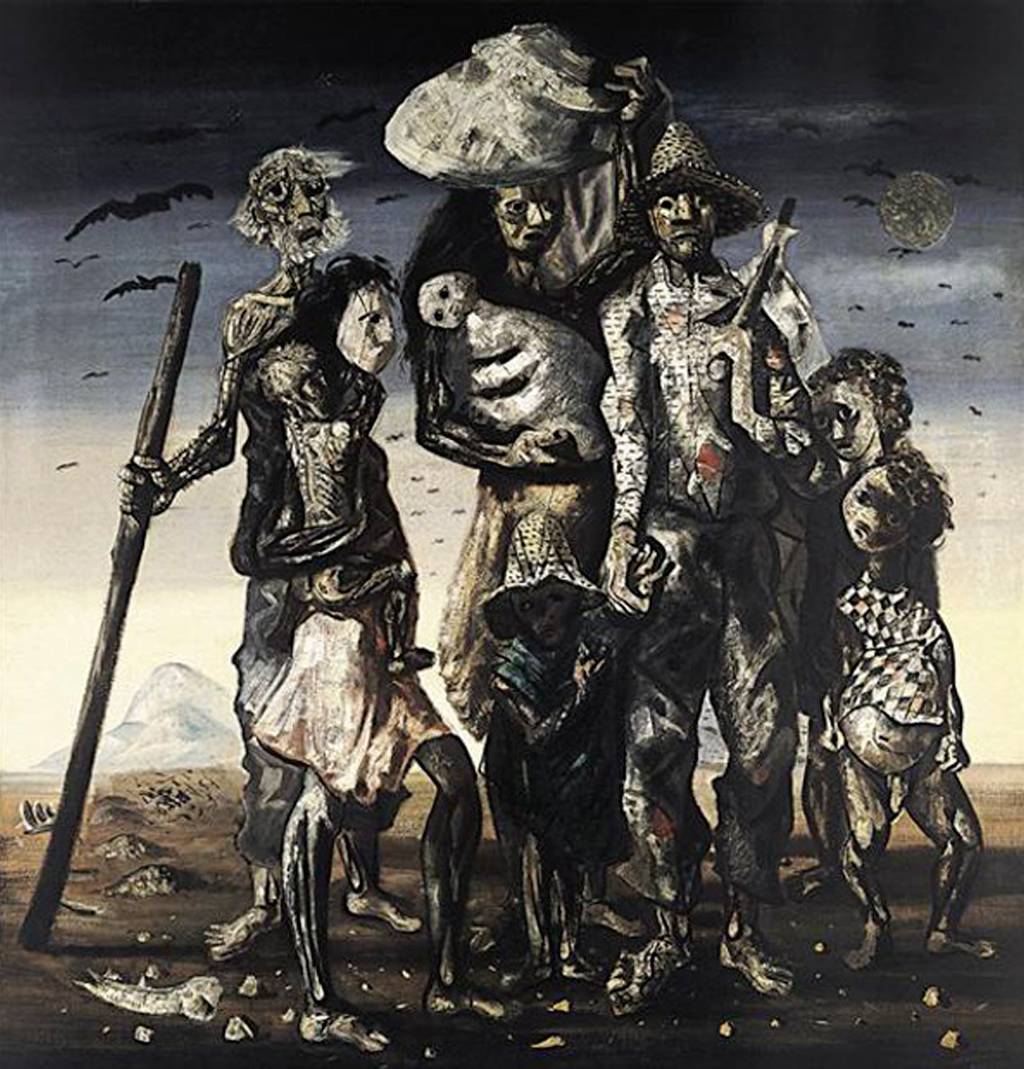 Pintura de uma família de retirantes nordestinos, com figuras esqueléticas e rostos marcados pela fome. Um homem idoso com cajado, uma mulher carregando um bebê, um homem com chapéu de palha e duas crianças, todos em um cenário árido com montanhas ao fundo e pássaros no céu escuro