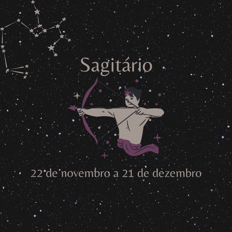 signo-sagitario fundo estrelado com o símbolo e as datas do signo de Sagitário
