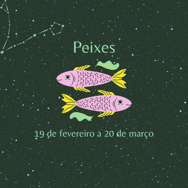 signo-peixes fundo estrelado com o símbolo e as datas do signo de Peixes