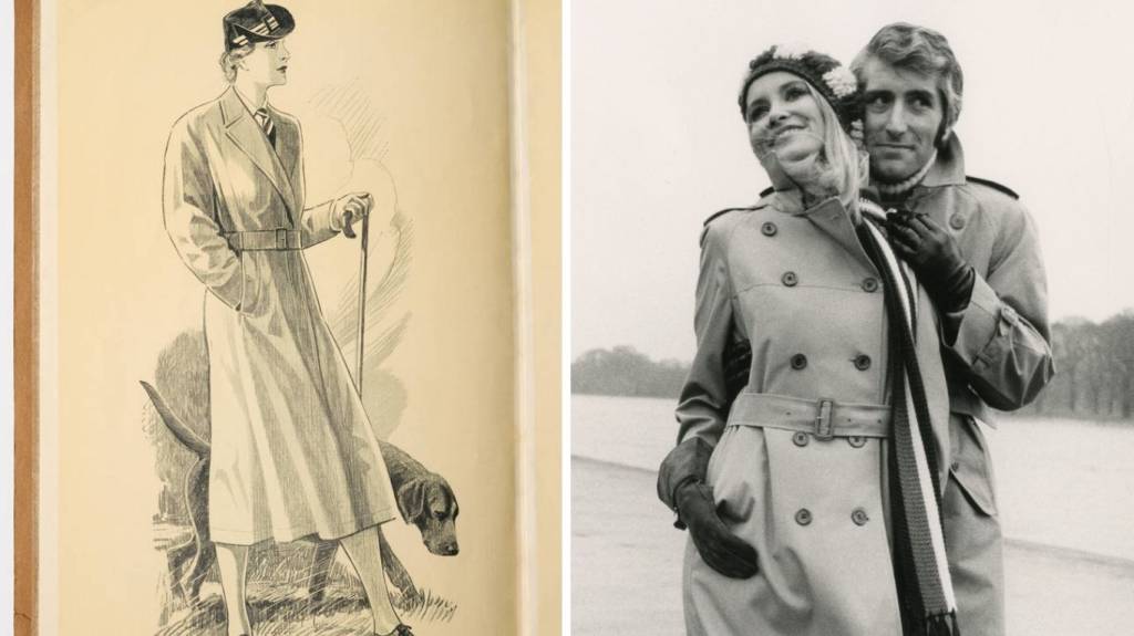 Desenho de mulher elegante com chapéu e sobretudo, segurando uma bengala, ao lado de um cachorro; à direita, foto em preto e branco de um casal sorrindo, ambos usando sobretudo e luvas, com a mulher de cachecol e gorro, em um cenário externo