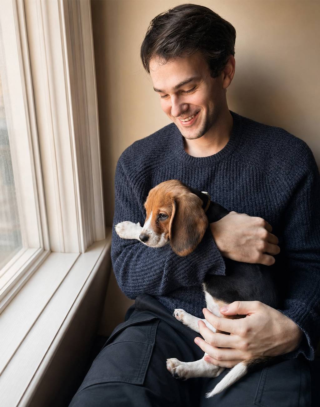 Homem jovem sorridente, de suéter azul-marinho, abraça um filhote de beagle tricolor, que olha pela janela. O homem tem cabelo escuro e barba rala, e o filhote tem orelhas caídas e manchas marrons, pretas e brancas. A cena é aconchegante, com luz natural entrando pela janela.