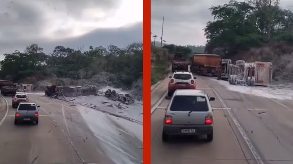 Quatro pessoas ficaram feridas após uma batida seguida de tombamento entre duas carretas na Serra de São Vicente, na BR-364, nesta quarta-feira (23).