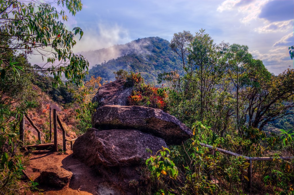 Trilha em montanha com vegetação densa, rochas grandes e bromélias coloridas. Ao fundo, montanhas cobertas por névoa sob céu azul com nuvens esparsas. À esquerda, um pequeno corrimão de madeira rústica acompanha a subida da trilha de terra batida.