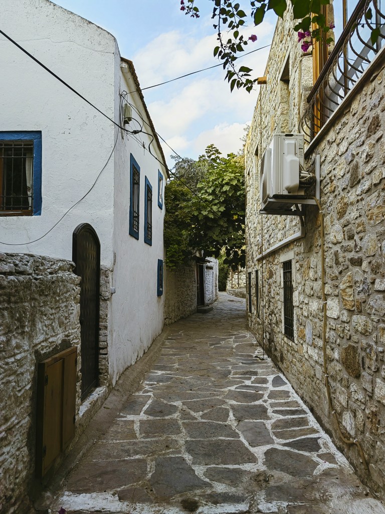 Rua estreita e sinuosa com calçamento de pedras irregulares. À esquerda, uma casa branca com janelas azuis e porta de madeira escura. À direita, uma parede de pedras com um aparelho de ar condicionado e uma varanda no andar superior. Folhagens verdes e flores roxas pendem sobre o caminho, sob um céu azul com nuvens. A atmosfera é de um vilarejo antigo e charmoso
