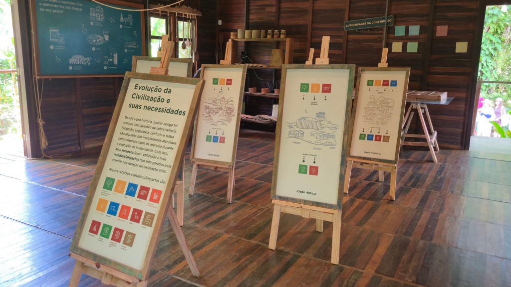 Exposição com quatro painéis sobre cavaletes de madeira em um ambiente rústico com paredes e chão de madeira. O primeiro painel, à esquerda, tem o título Evolução da Civilização e suas necessidades e um texto explicativo. Os outros três painéis mostram ilustrações de cidades e ícones coloridos, representando as eras Média, Antiga e Moderna. Ao fundo, uma janela e uma porta abertas revelam vegetação e pessoas.