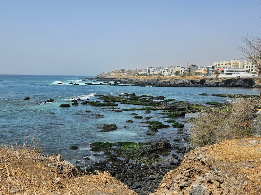 Vista costeira com mar azul-turquesa e rochas escuras cobertas por algas verdes. Ao fundo, uma cidade com edifícios brancos e bege se estende pela orla. O céu está claro, e a vegetação seca em primeiro plano indica um clima árido
